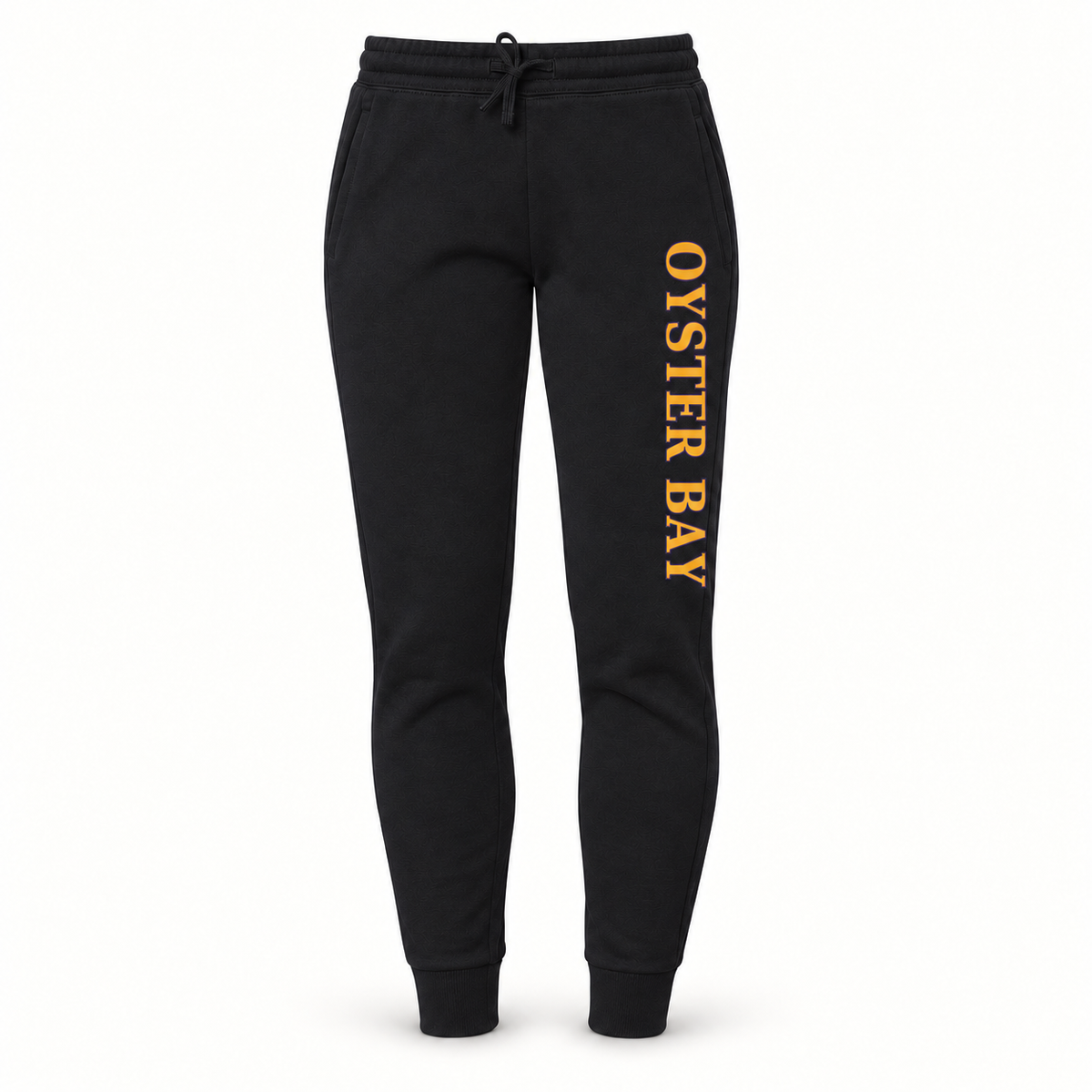 Oyster Bay women's Black joggers, gold and purple Oyster Bay lettering down the left front leg