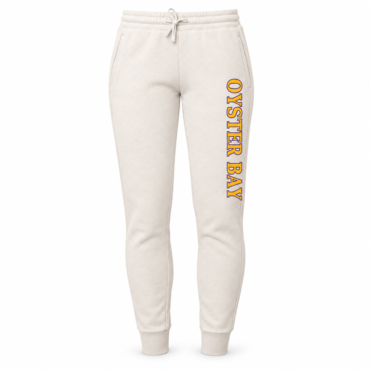 Oyster Bay women's Bone joggers, gold and purple Oyster Bay lettering down the left front leg