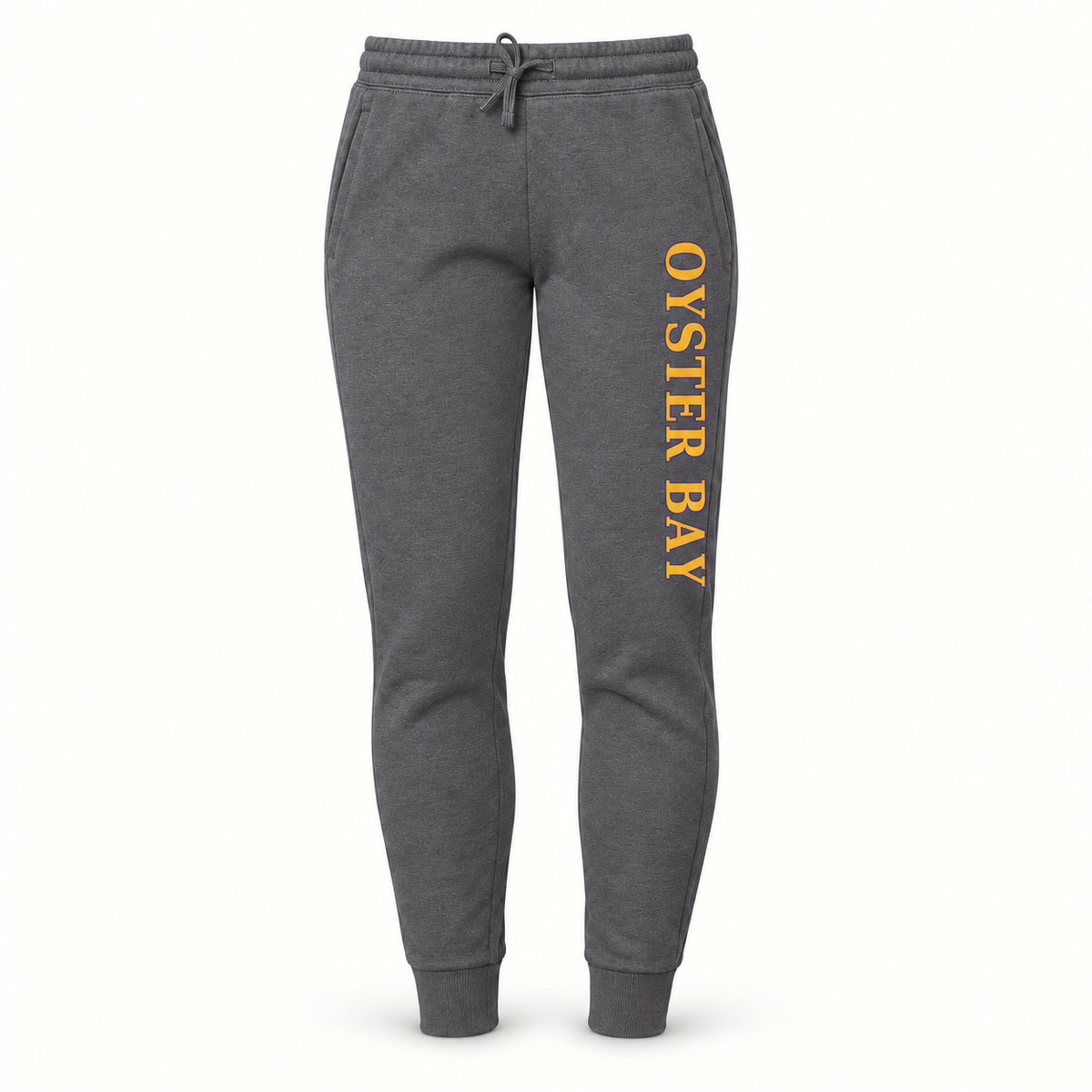 Oyster Bay women's Shadow joggers, gold and purple Oyster Bay lettering down the left front leg