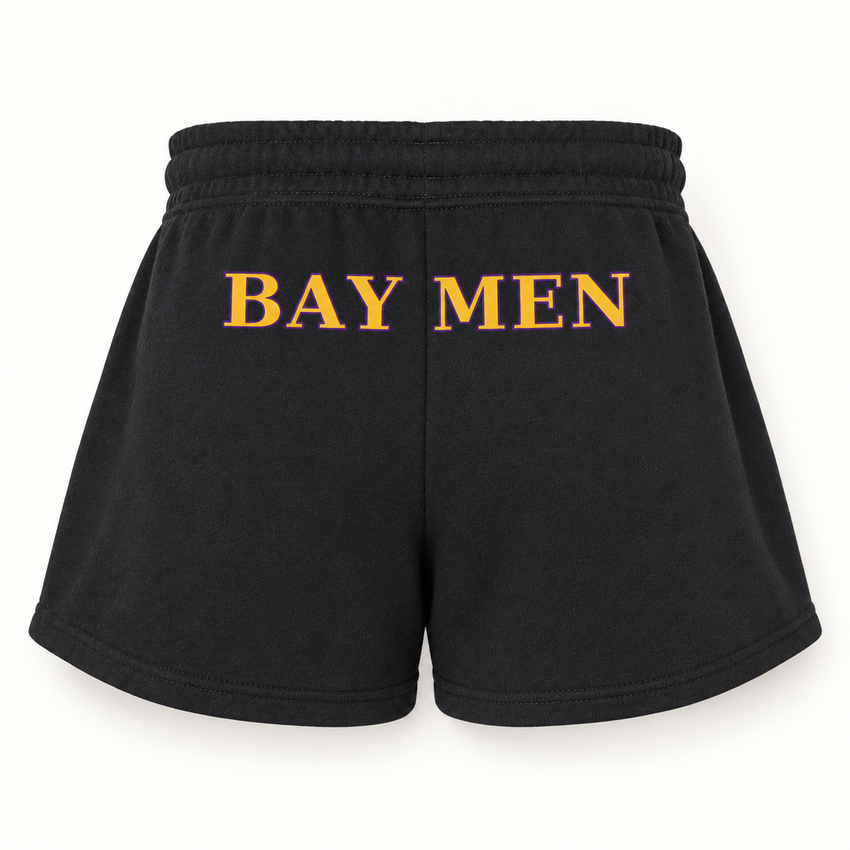 Oyster Bay Baymen women's fleece shorts in Black, rear view with gold and purple Baymen lettering