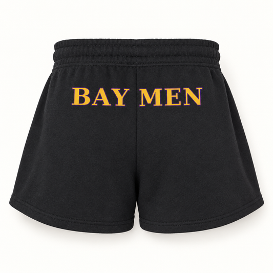 Oyster Bay Baymen women's fleece shorts in Black, rear view with gold and purple Baymen lettering