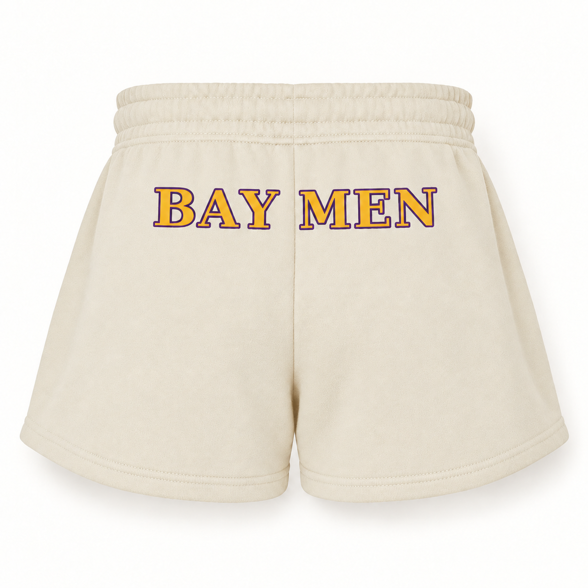 Oyster Bay Baymen women's fleece shorts in Bone, rear view with gold and purple Baymen lettering