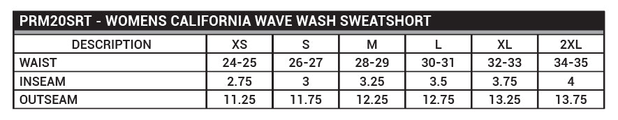 Independent PRM20SRT women's shorts size chart, XS to 2XL, waist range, inseam and outseam in inches
