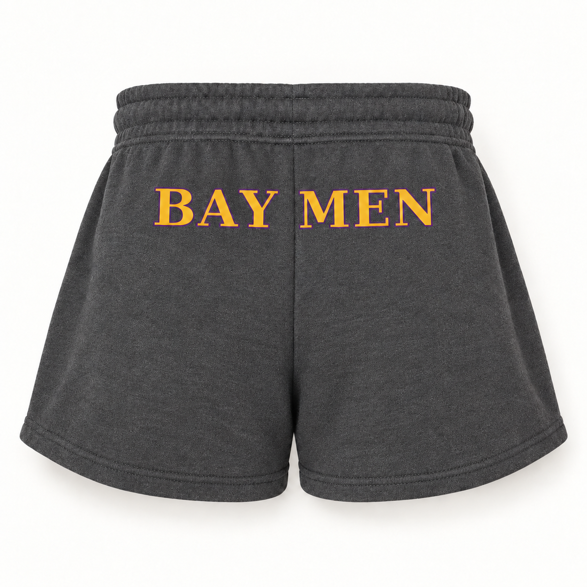 Oyster Bay Baymen women's fleece shorts in Shadow, rear view with gold and purple Baymen lettering