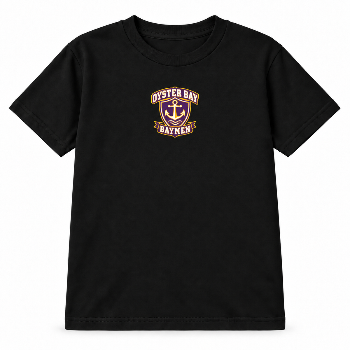 Oyster Bay Baymen youth tee in black with small centered purple, gold and white maritime crest