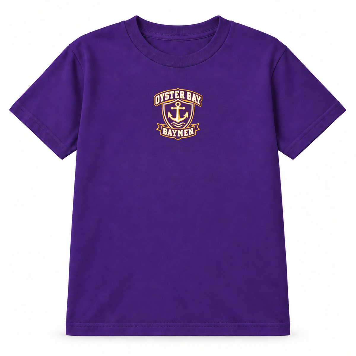 Oyster Bay Baymen youth tee in purple with small centered purple, gold and white maritime crest