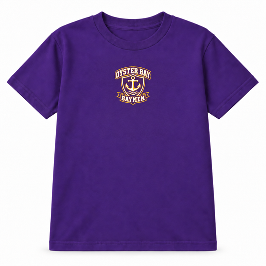 Oyster Bay Baymen youth tee in purple with small centered purple, gold and white maritime crest