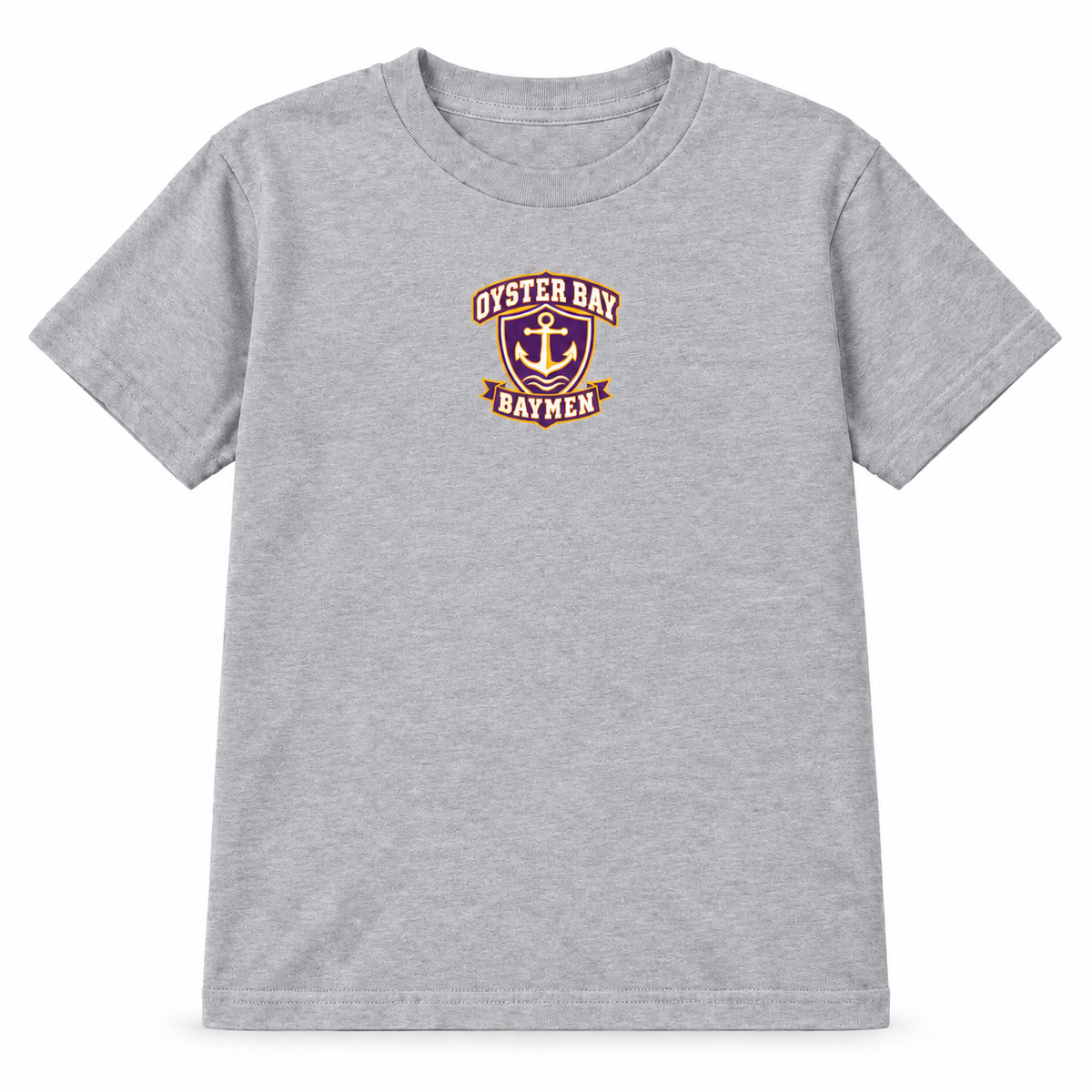 Oyster Bay Baymen youth tee in sport-grey with small centered purple, gold and white maritime crest