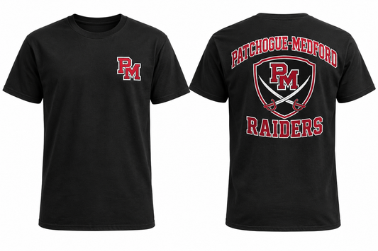 PATCHOGUE-MEDFORD RAIDERS black tee front and back