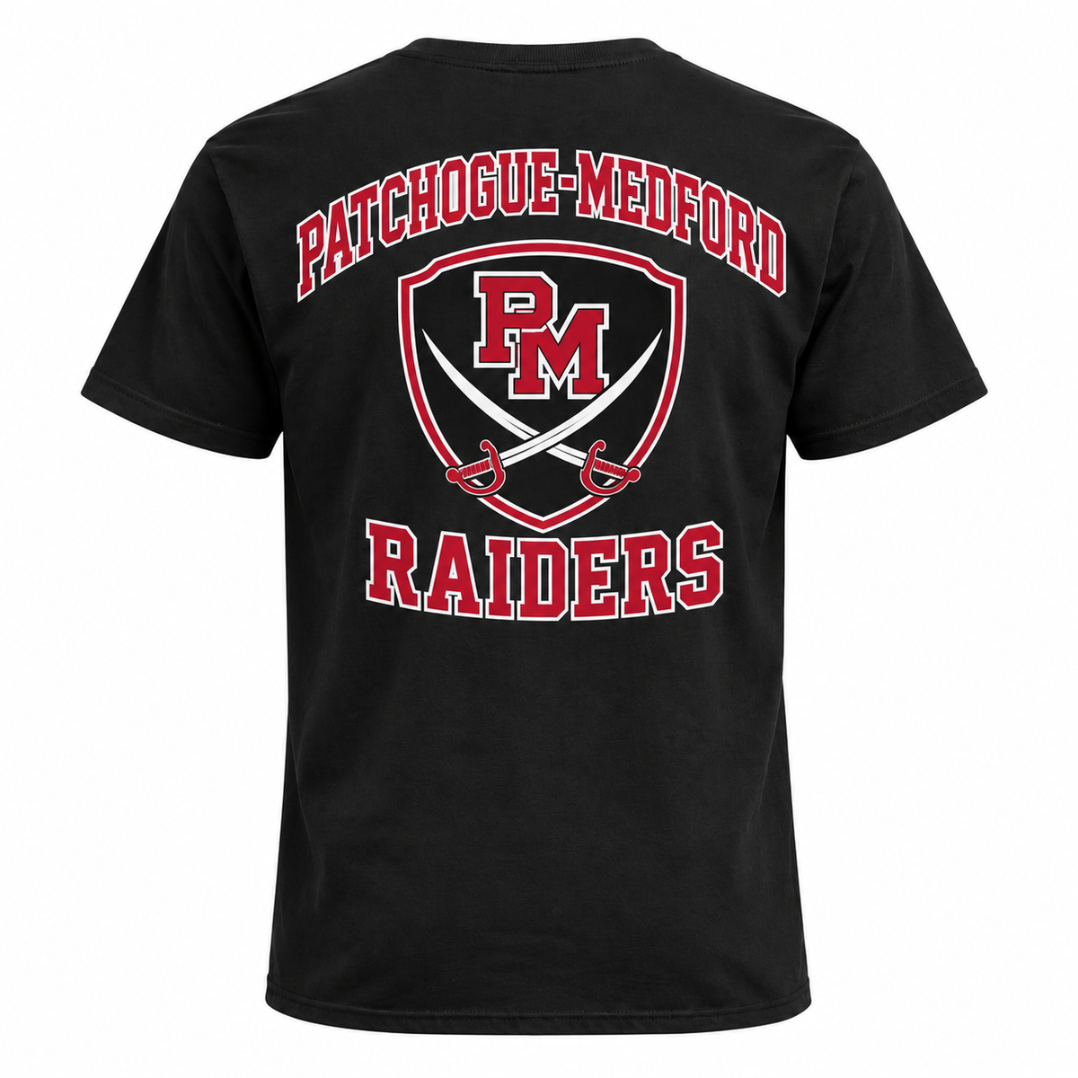 Patchogue-Medford Varsity Tee — Black — single black garment back view