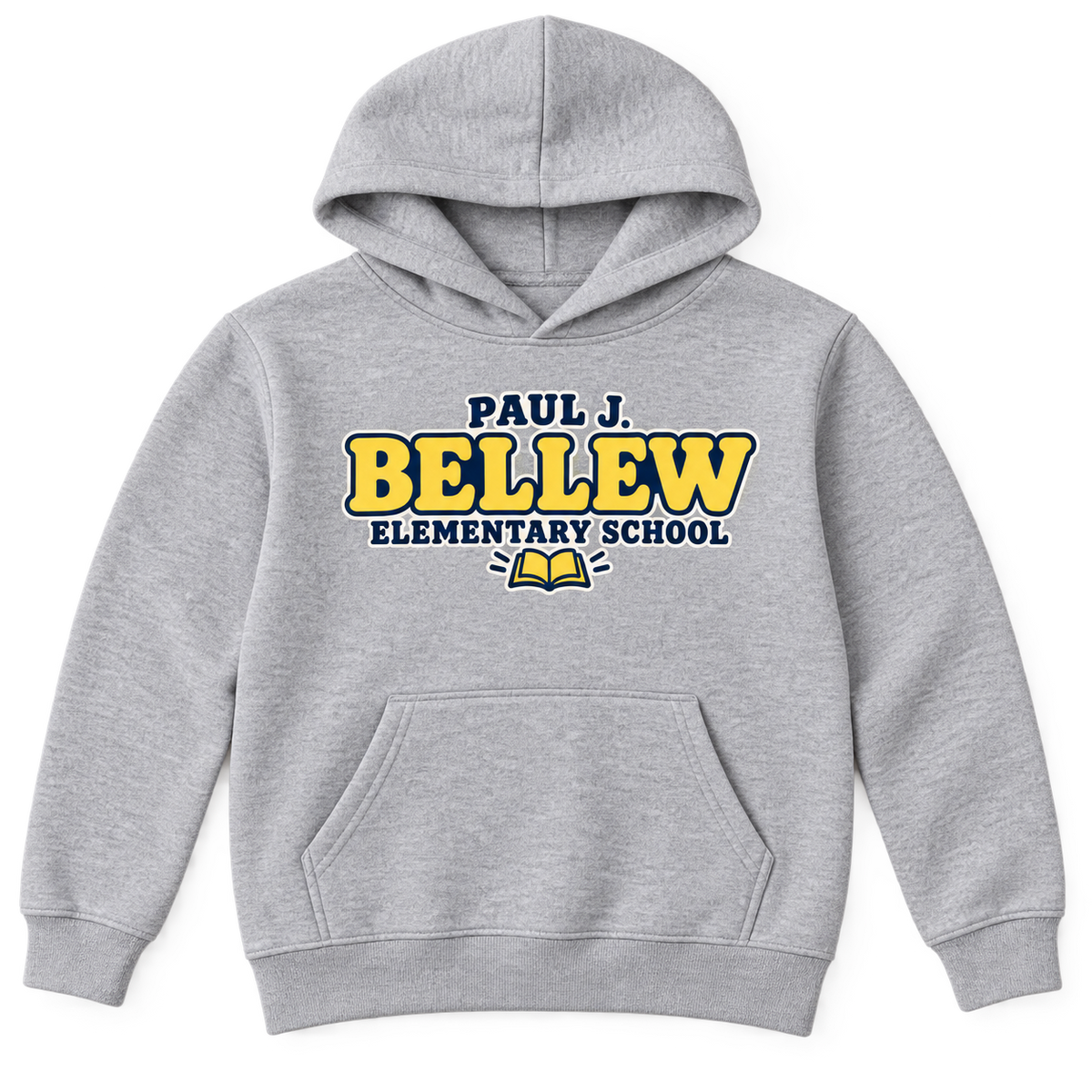 Paul J. Bellew Elementary School youth hoodie in Sport Grey heather gray, front school graphic