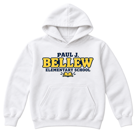 Paul J. Bellew Elementary School youth hoodie in White, front school graphic