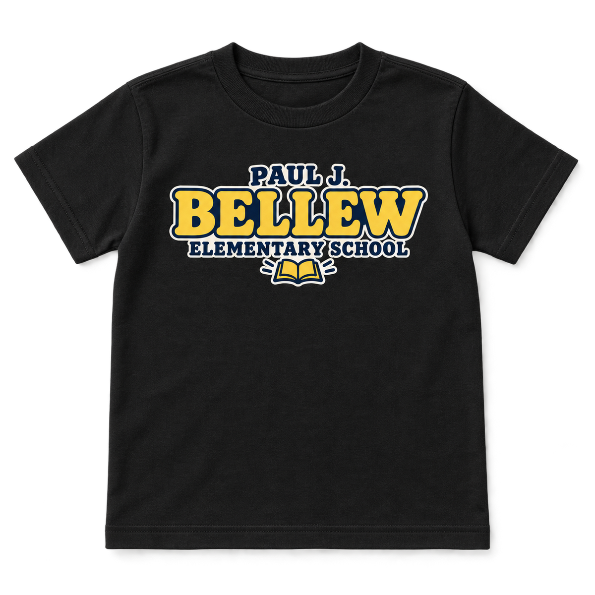 Paul J. Bellew Elementary School youth tee in Black, front school graphic