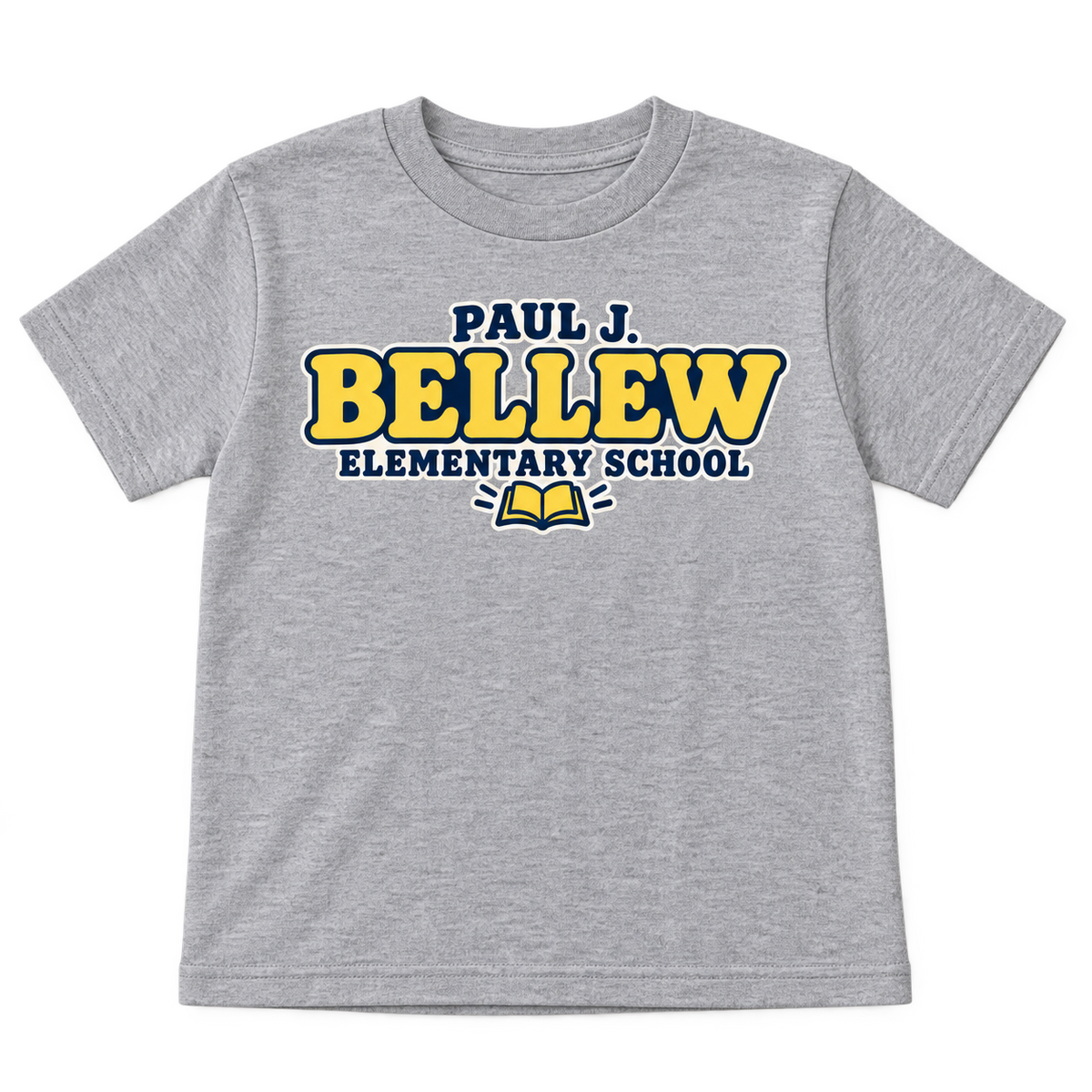 Paul J. Bellew Elementary School youth tee in Sport Grey heather gray, front school graphic