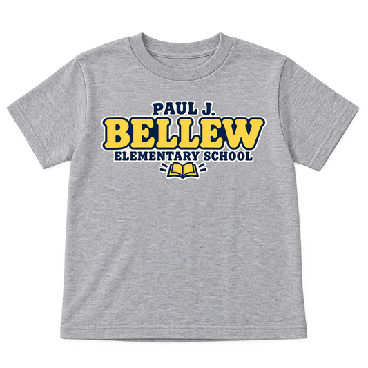 Paul J. Bellew Elementary School youth tee in Sport Grey heather gray, front school graphic