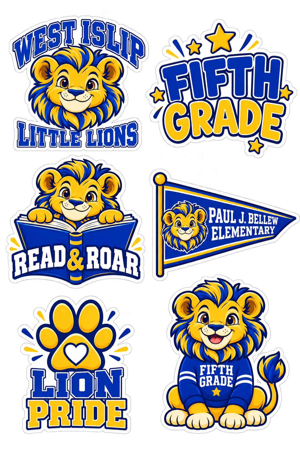 Six blue and gold Paul J. Bellew Fifth Grade school lion stickers