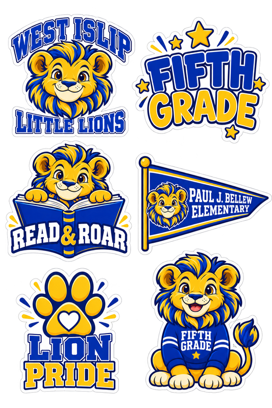 Six blue and gold Paul J. Bellew Fifth Grade school lion stickers