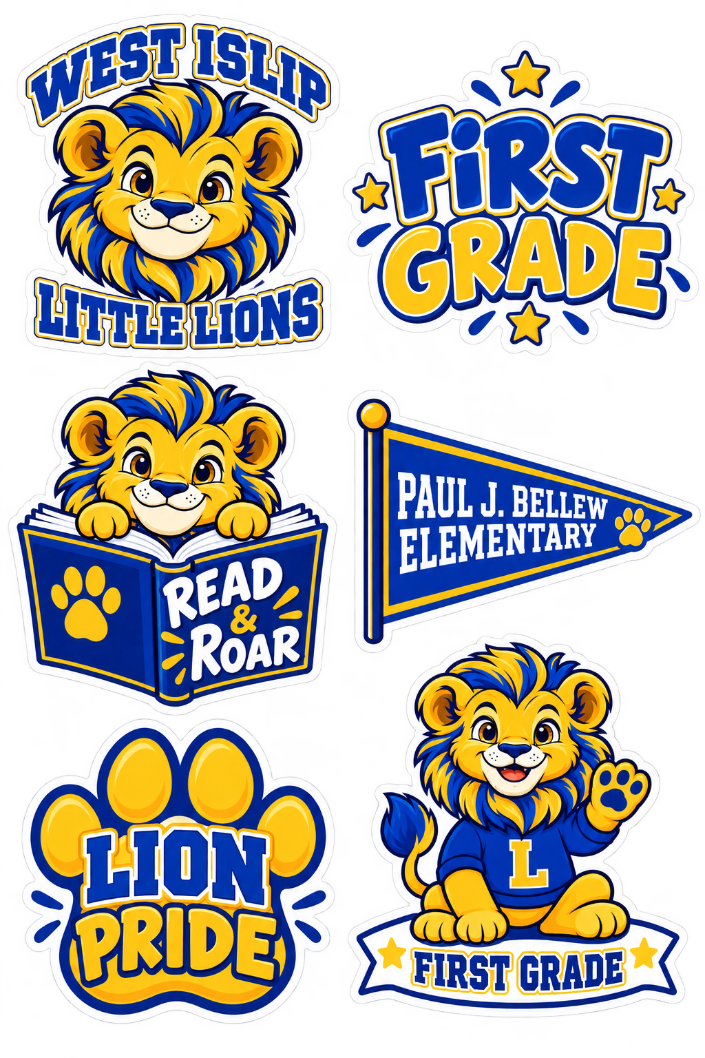 Six blue and gold Paul J. Bellew First Grade school lion stickers