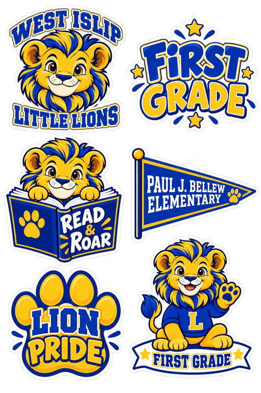 Six blue and gold Paul J. Bellew First Grade school lion stickers