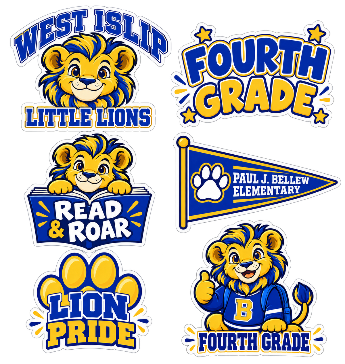 Six blue and gold Paul J. Bellew Fourth Grade school lion stickers