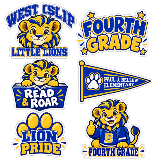 Six blue and gold Paul J. Bellew Fourth Grade school lion stickers