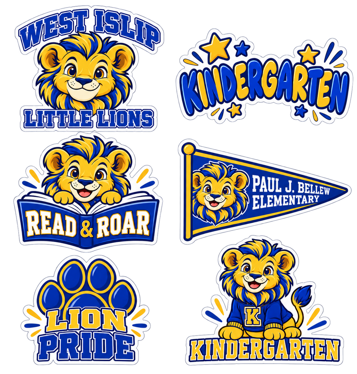Six blue and gold Paul J. Bellew Kindergarten school lion stickers