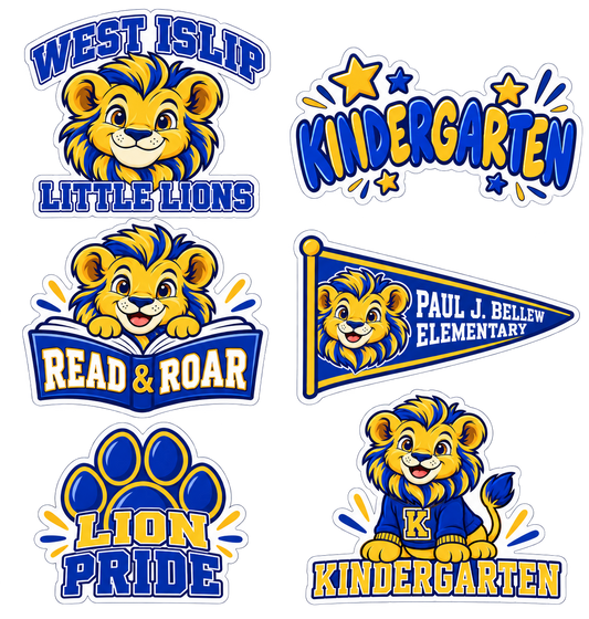 Six blue and gold Paul J. Bellew Kindergarten school lion stickers