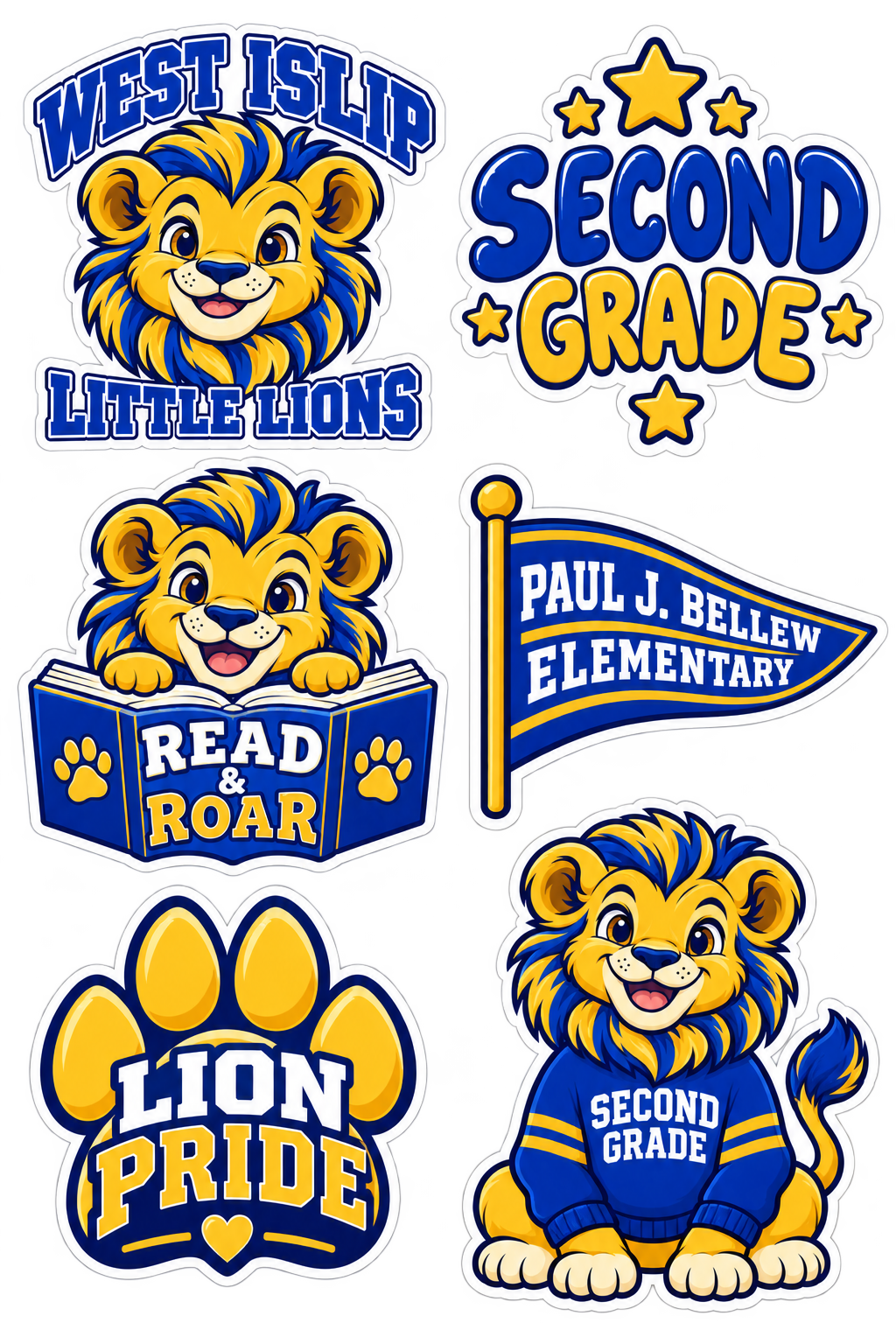 Six blue and gold Paul J. Bellew Second Grade school lion stickers