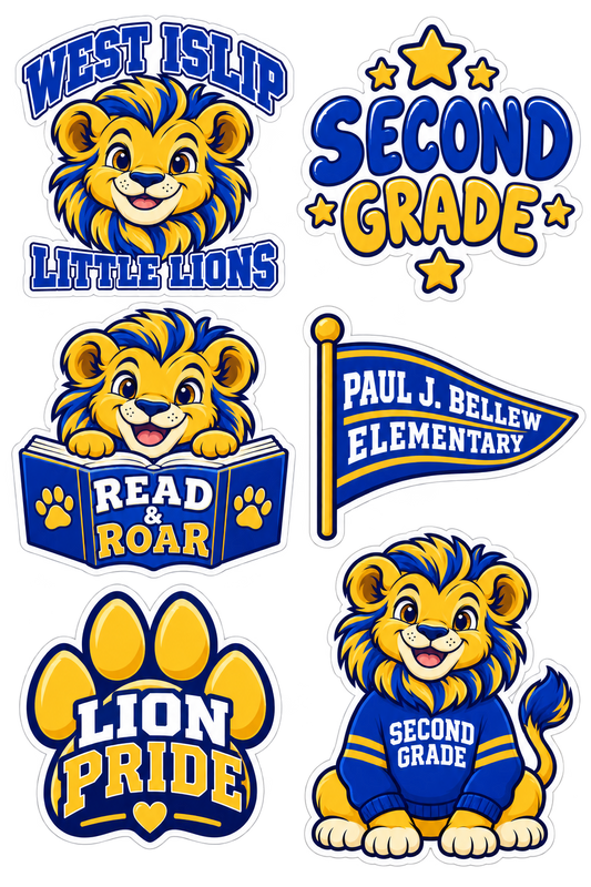 Six blue and gold Paul J. Bellew Second Grade school lion stickers
