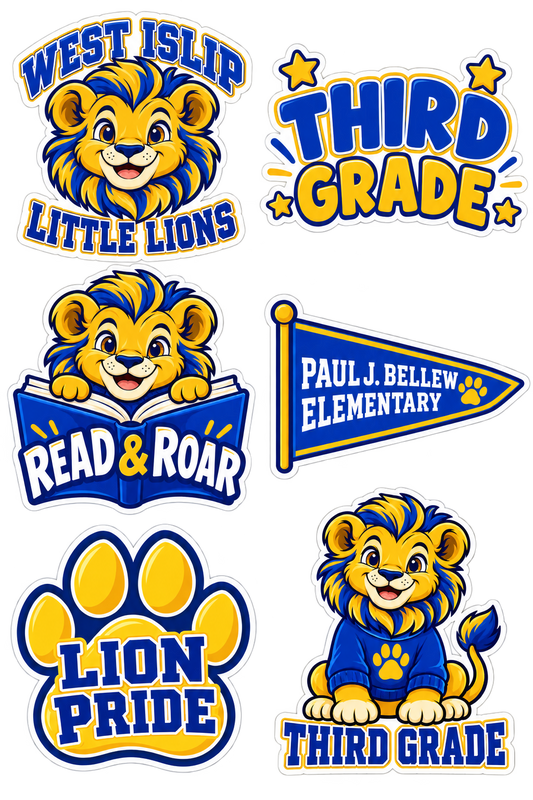 Six blue and gold Paul J. Bellew Third Grade school lion stickers