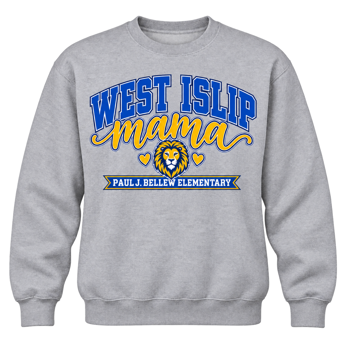 Paul J. Bellew Mama Adult Crewneck in Sport Grey with West Islip lion design, front view