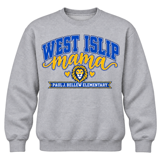 Paul J. Bellew Mama Adult Crewneck in Sport Grey with West Islip lion design, front view