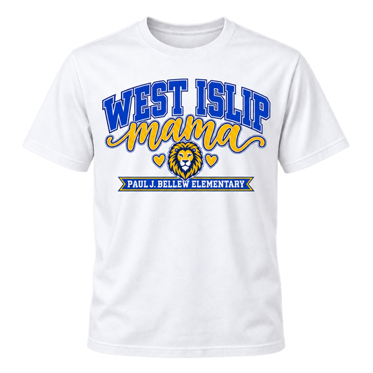 Paul J. Bellew Mama Adult T-Shirt in White with West Islip lion design, front view
