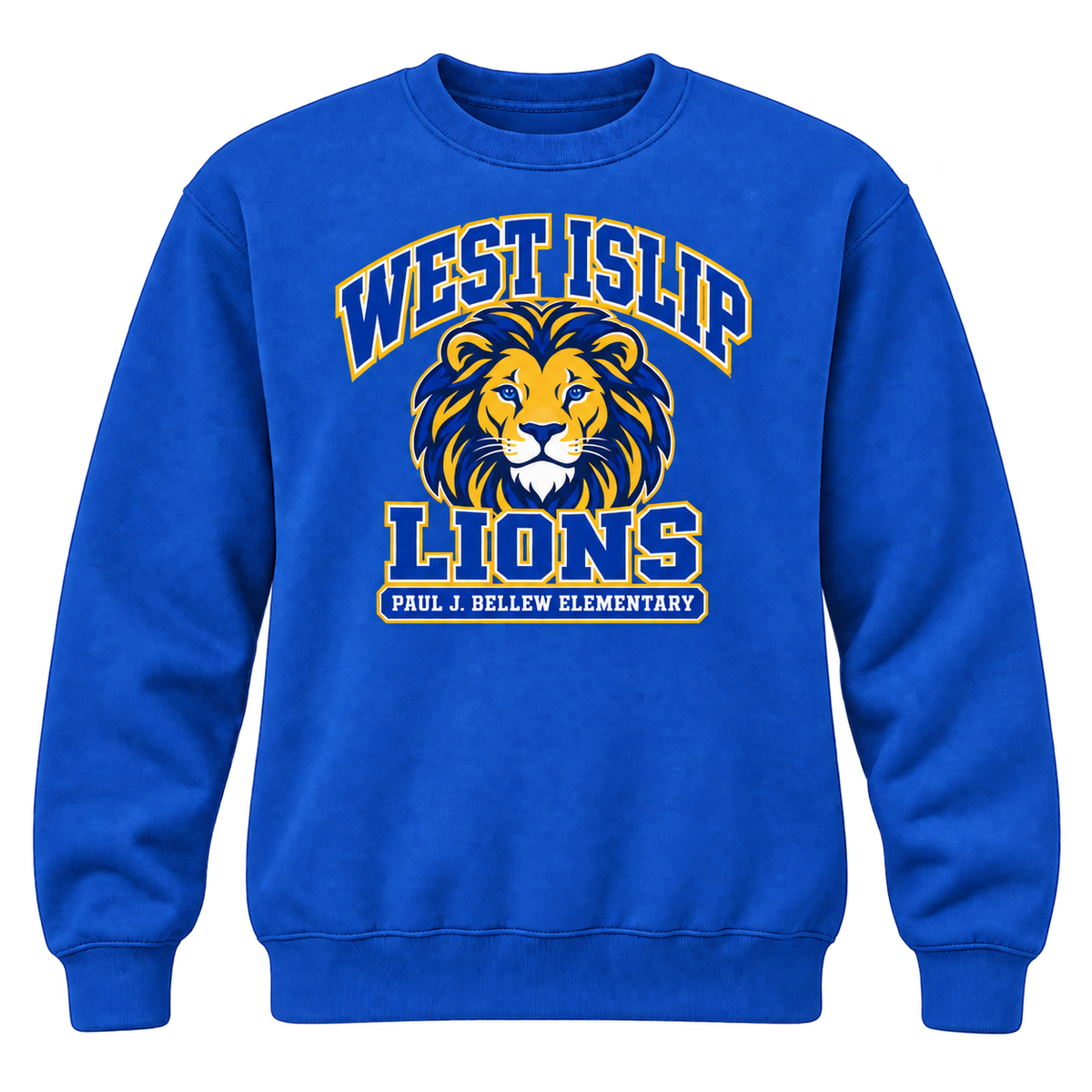 Paul J. Bellew Varsity Pride Adult Crewneck in Royal with West Islip lion design, front view
