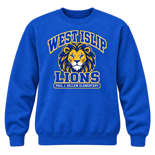 Paul J. Bellew Varsity Pride Adult Crewneck in Royal with West Islip lion design, front view