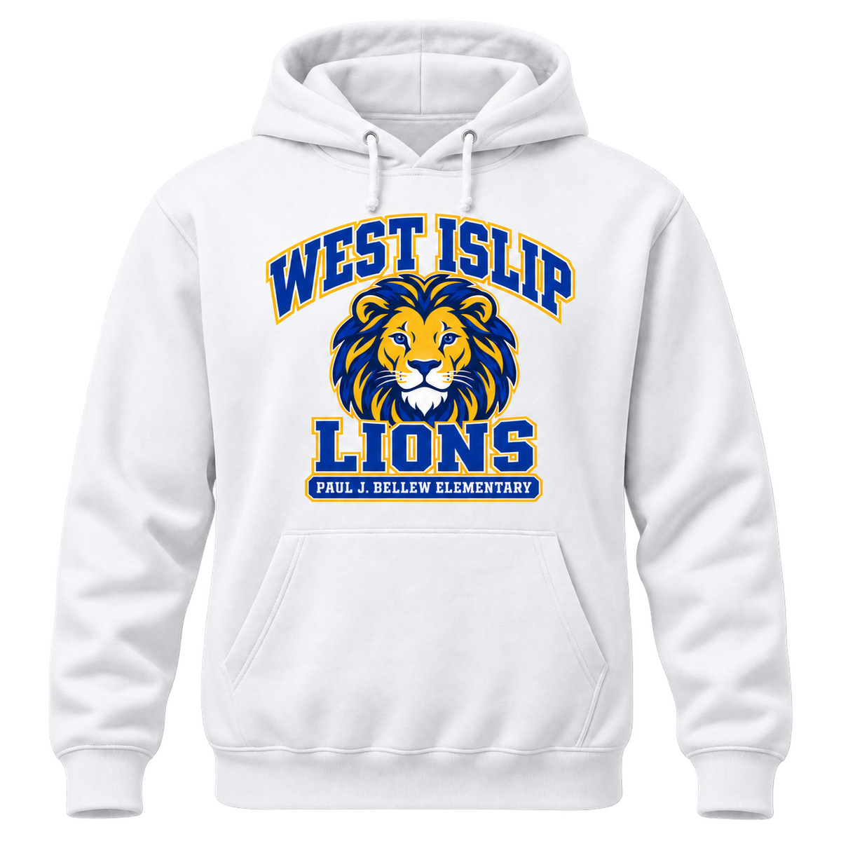 Paul J. Bellew Varsity Pride Adult Hoodie in White with West Islip lion design, front view