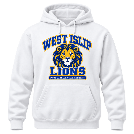 Paul J. Bellew Varsity Pride Adult Hoodie in White with West Islip lion design, front view