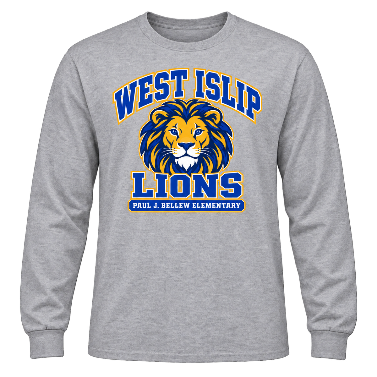 Paul J. Bellew Varsity Pride Adult Long Sleeve in Sport Grey with West Islip lion design, front view