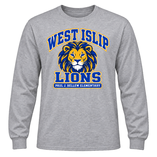 Paul J. Bellew Varsity Pride Adult Long Sleeve in Sport Grey with West Islip lion design, front view