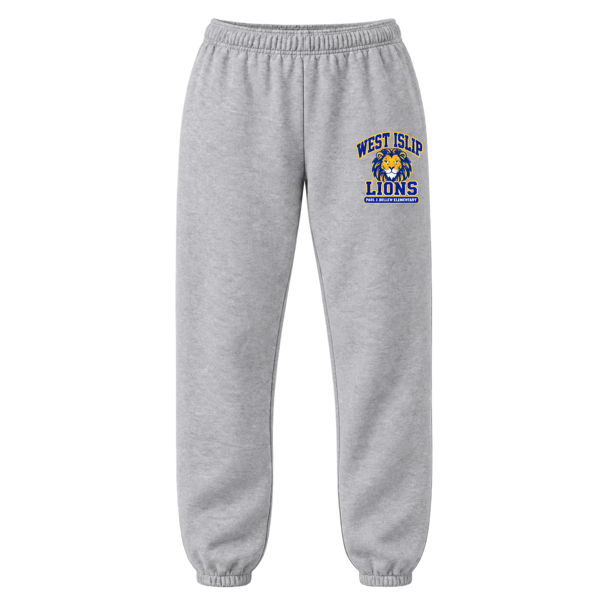 Paul J. Bellew Varsity Pride Adult Sweatpants in Sport Grey with West Islip lion design, front view