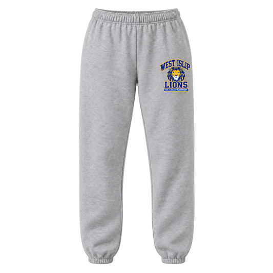 Paul J. Bellew Varsity Pride Adult Sweatpants in Sport Grey with West Islip lion design, front view
