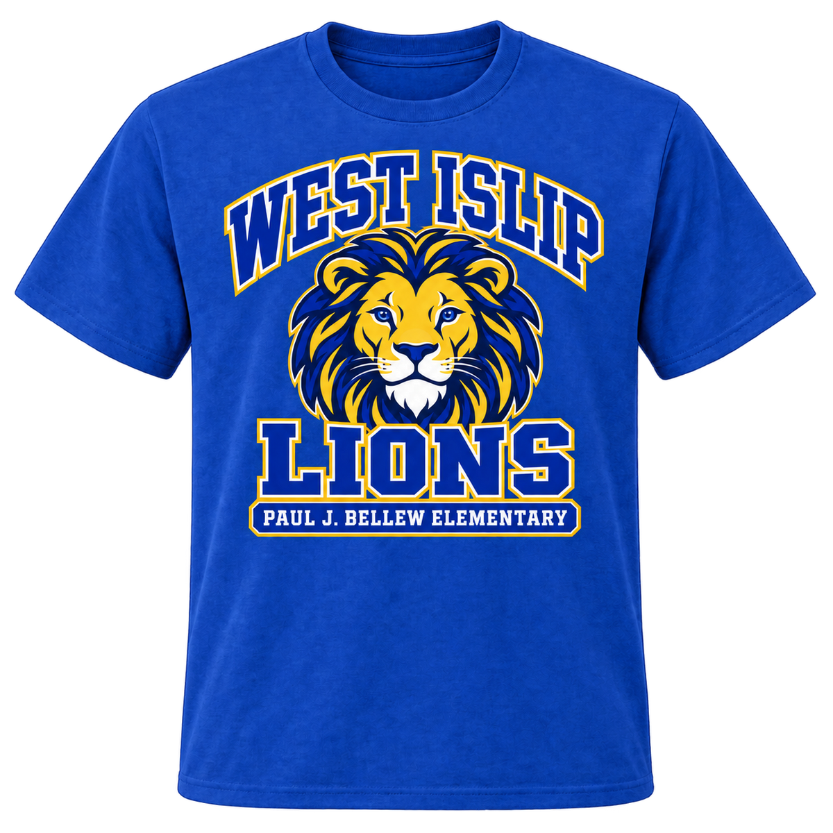Paul J. Bellew Varsity Pride Adult T-Shirt in Royal with West Islip lion design, front view