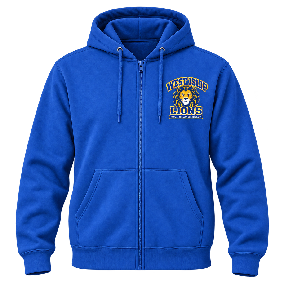 Paul J. Bellew Varsity Pride Adult Zip-Up Hoodie in Royal with West Islip lion design, front view