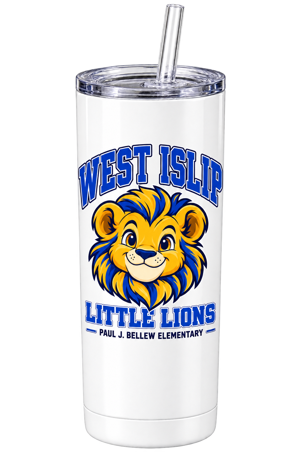 Paul J. Bellew Little Lions Tumbler with Lid & Straw in White with West Islip lion design, front view