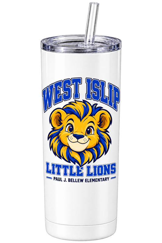 Paul J. Bellew Little Lions Tumbler with Lid & Straw in White with West Islip lion design, front view