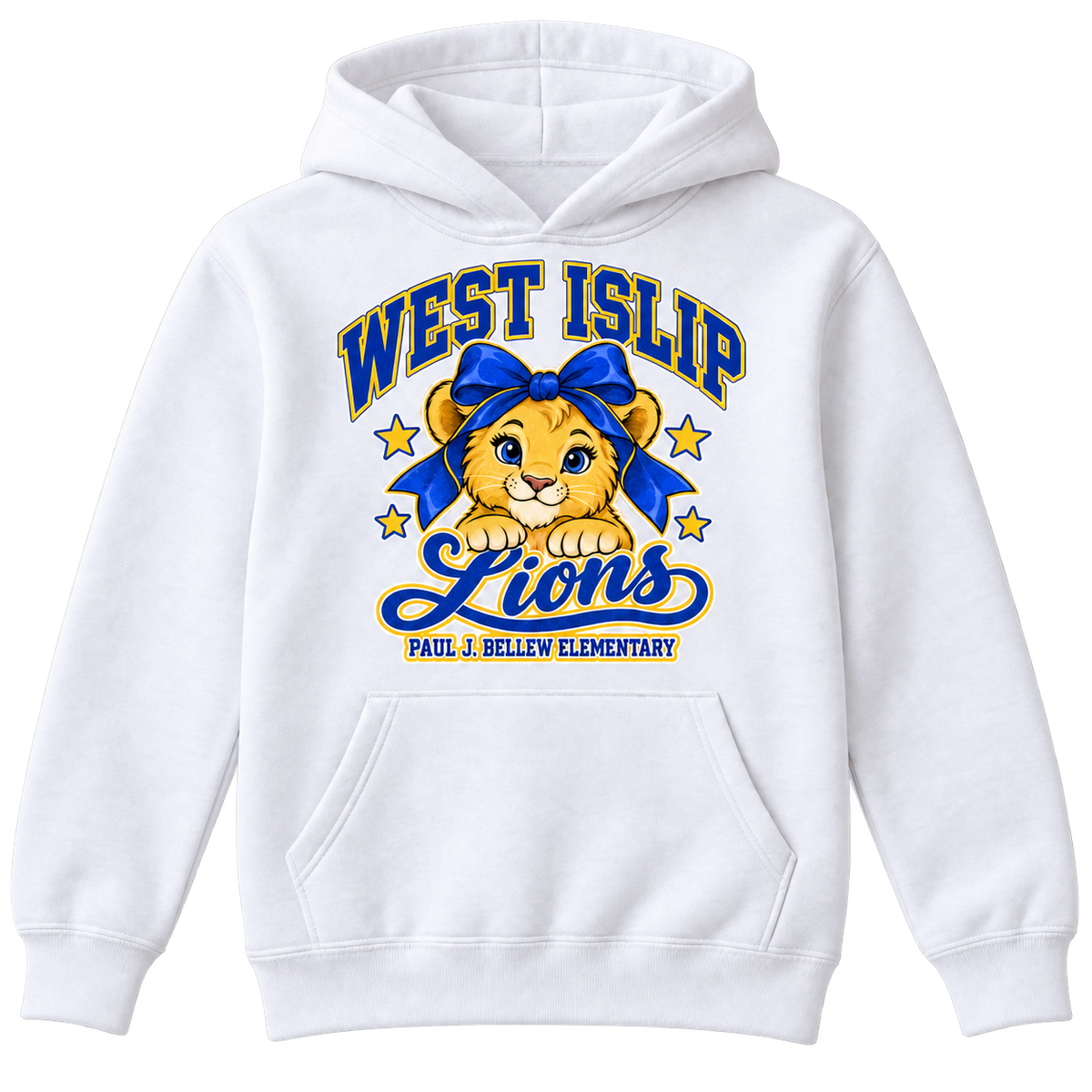 Paul J. Bellew Bow Lions Glitter Youth Hoodie in White with West Islip lion design, front view
