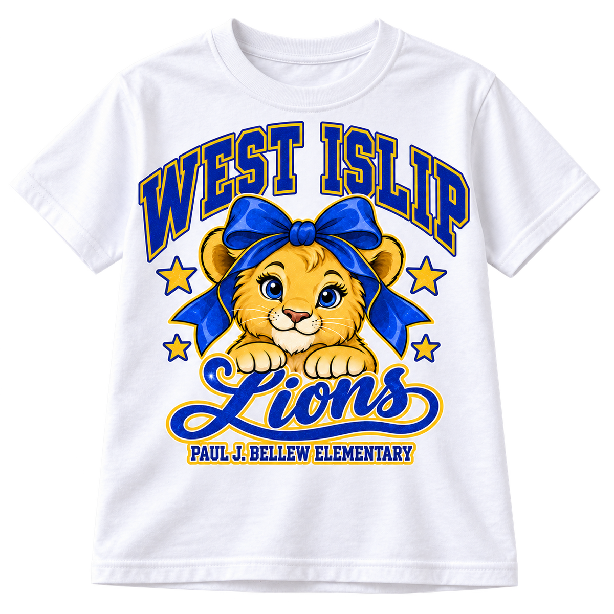 Paul J. Bellew Bow Lions Glitter Youth T-Shirt in White with West Islip lion design, front view
