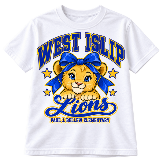 Paul J. Bellew Bow Lions Glitter Youth T-Shirt in White with West Islip lion design, front view
