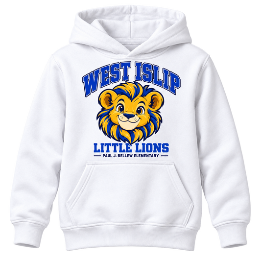 Paul J. Bellew Little Lions Youth Hoodie in White with West Islip lion design, front view