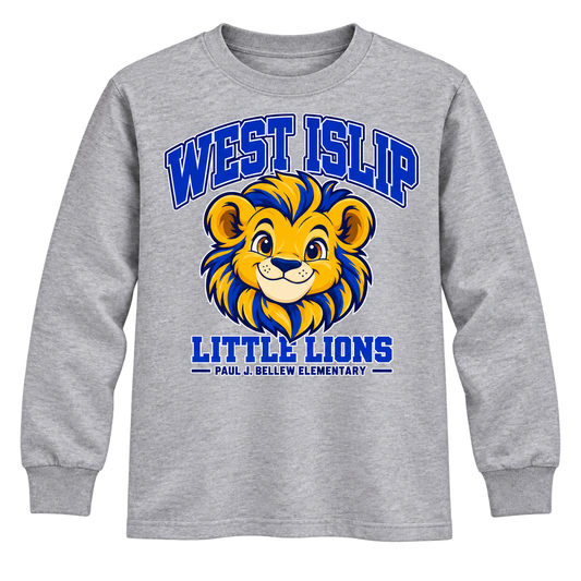 Paul J. Bellew Little Lions Youth Long Sleeve in Sport Grey with West Islip lion design, front view